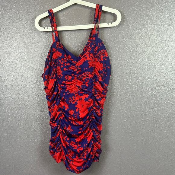 Lands Ends Tankini Top Size 24W Floral Ruched Blue Red - Picture 1 of 4